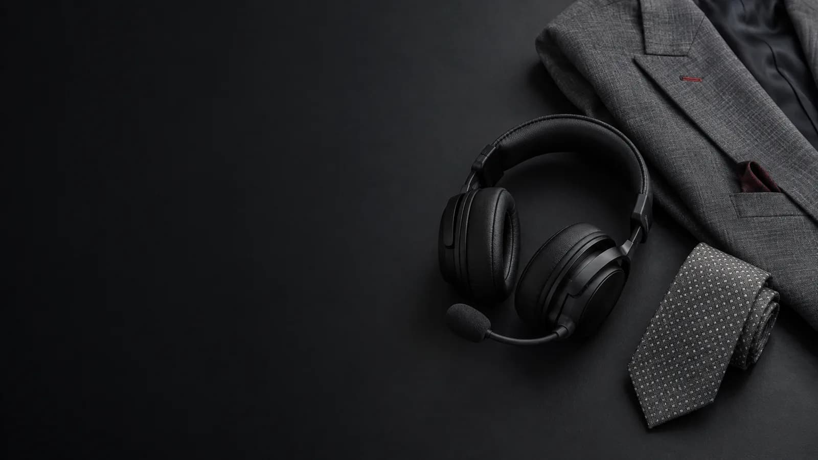 Illustrative headset and jacket at a broadcast desk